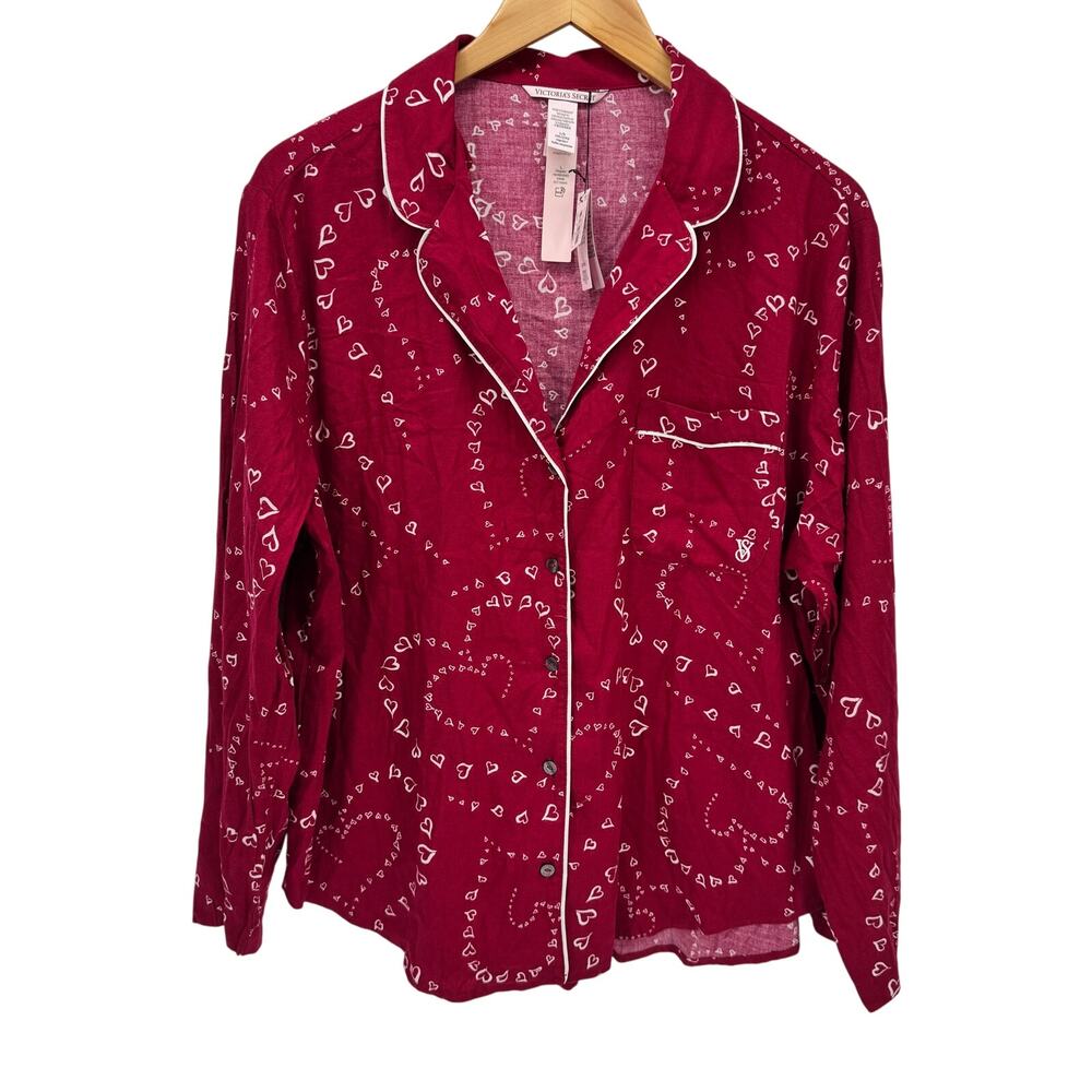Victoria's Secret Pajama Shirt Womens Large Red White Heart Print Button Up NEW